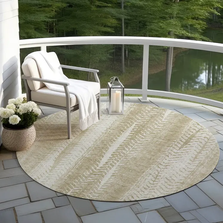 8' Beige Tan And Taupe Round Botanical Leaves Washable Indoor Outdoor Area Rug