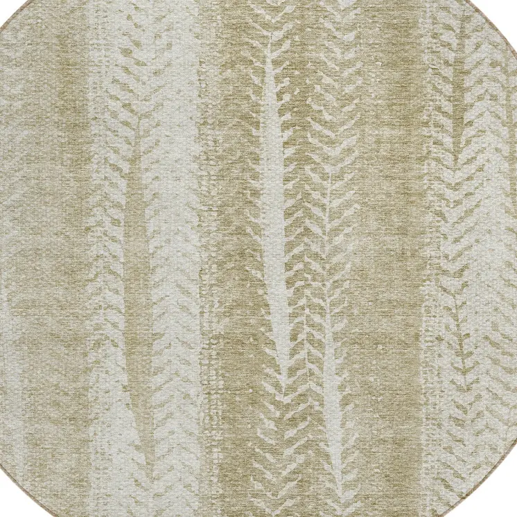 8' Beige Tan And Taupe Round Botanical Leaves Washable Indoor Outdoor Area Rug