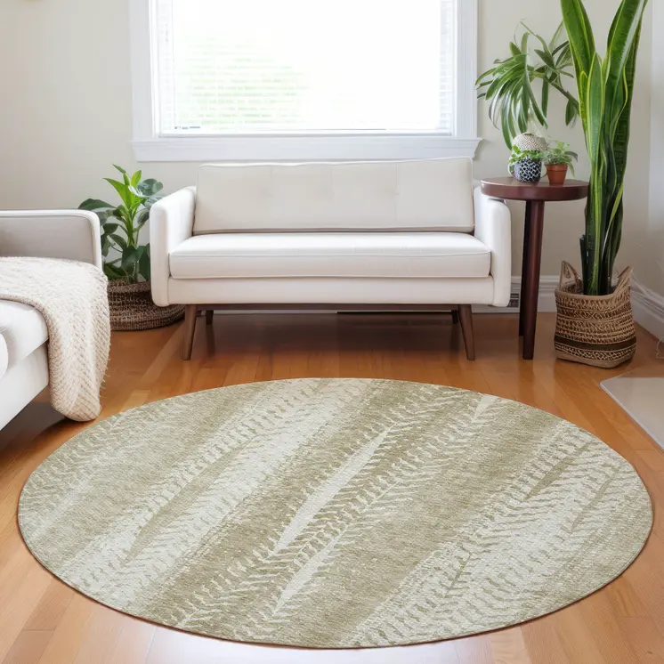 8' Beige Tan And Taupe Round Botanical Leaves Washable Indoor Outdoor Area Rug
