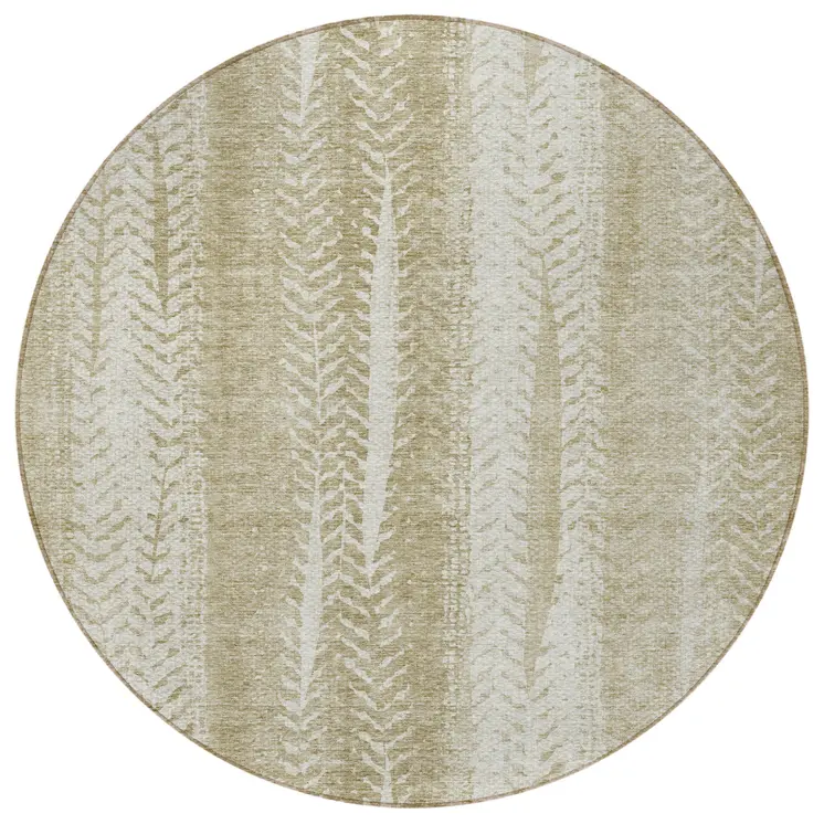 8' Beige Tan And Taupe Round Botanical Leaves Washable Indoor Outdoor Area Rug