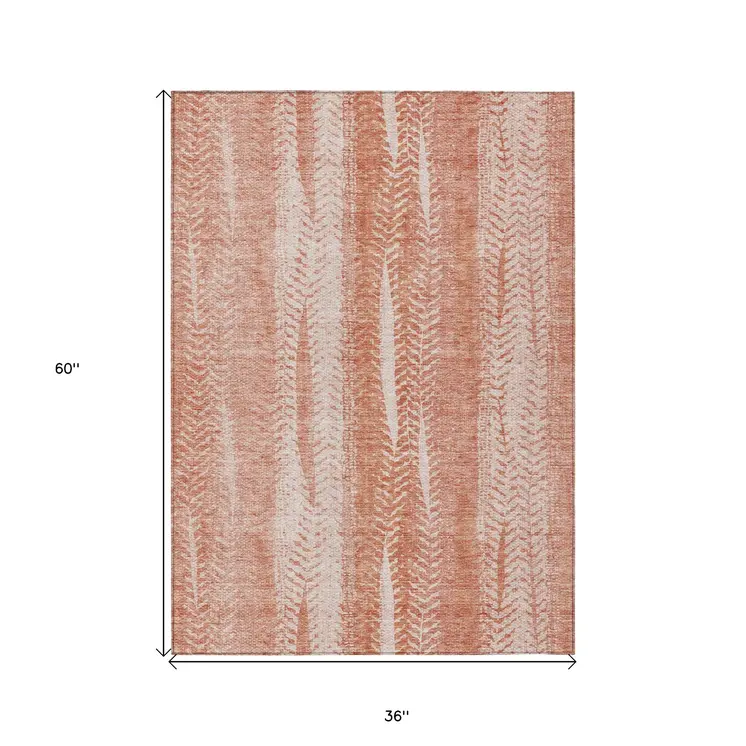 3' X 5' Orange And Salmon Botanical Leaves Washable Indoor Outdoor Area Rug