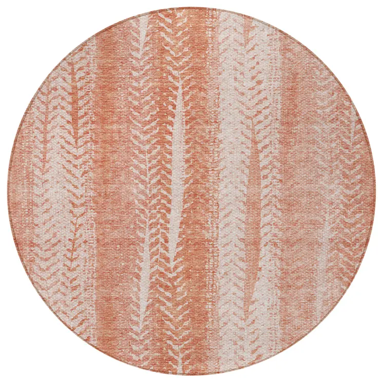 8' Orange And Salmon Round Botanical Leaves Washable Indoor Outdoor Area Rug