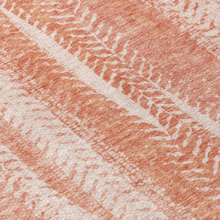 8' Orange And Salmon Round Botanical Leaves Washable Indoor Outdoor Area Rug