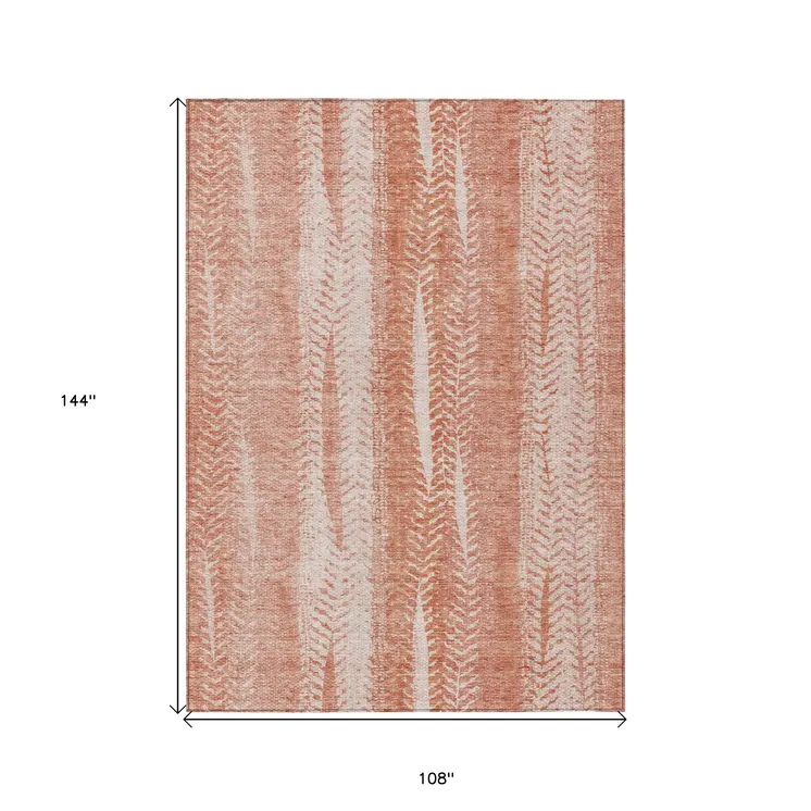 9' X 12' Orange And Salmon Botanical Leaves Washable Indoor Outdoor Area Rug
