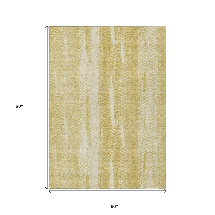 5' X 8' Gold Wheat And Ivory Botanical Leaves Washable Indoor Outdoor Area Rug