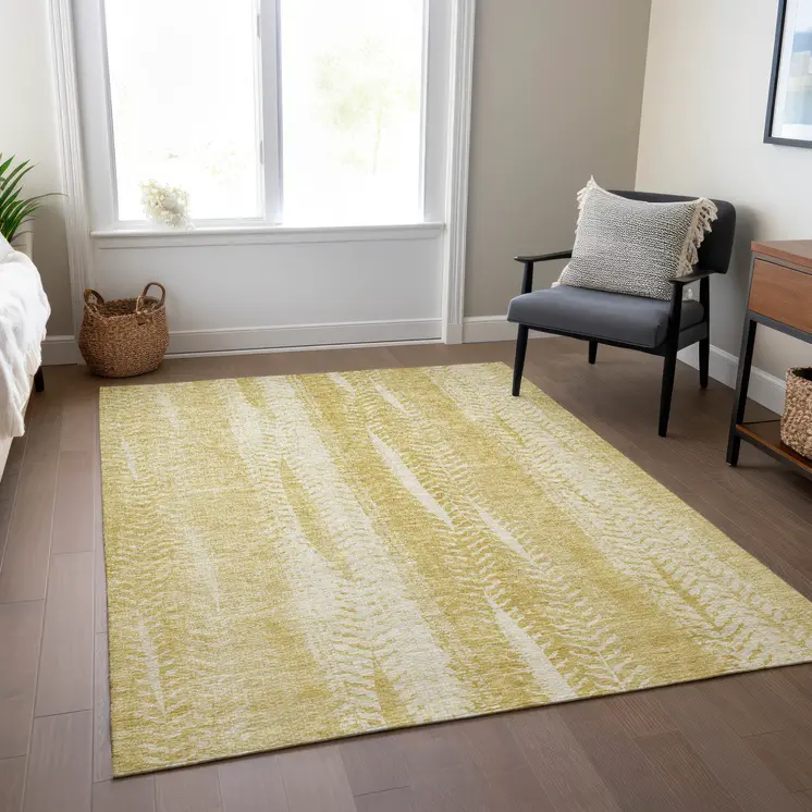 9' X 12' Gold Wheat And Ivory Botanical Leaves Washable Indoor Outdoor Area Rug