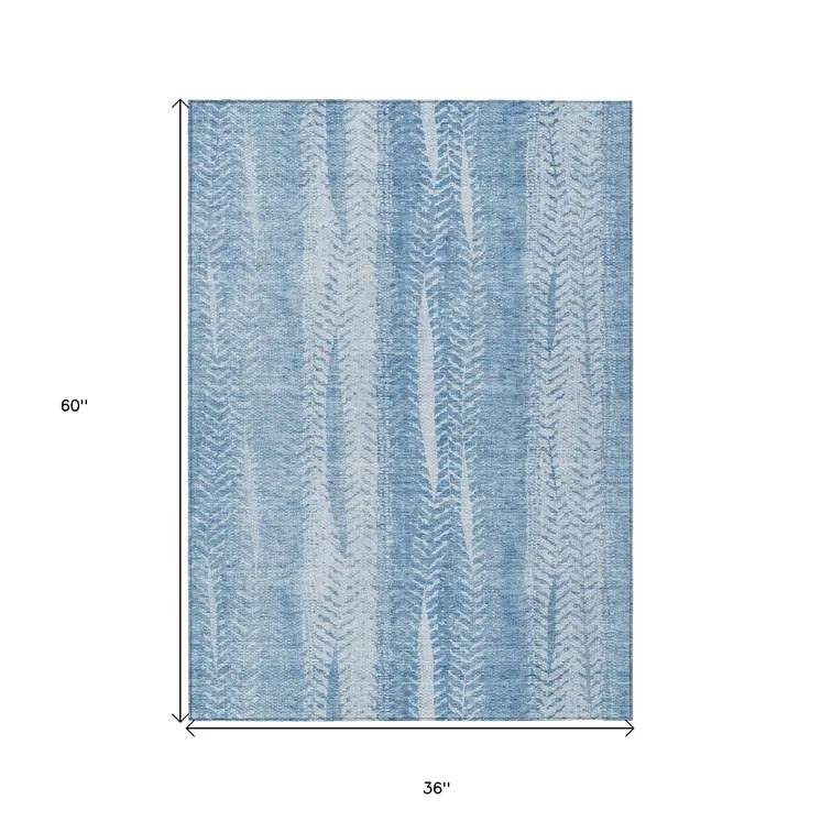3' X 5' Sky Blue And Denim Blue Botanical Leaves Washable Indoor Outdoor Area Rug