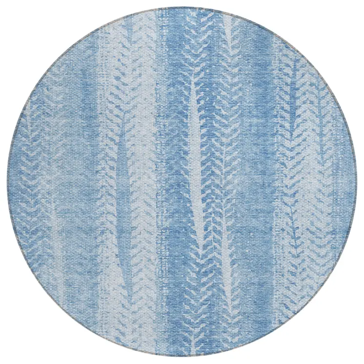 8' Sky Blue And Denim Blue Round Botanical Leaves Washable Indoor Outdoor Area Rug