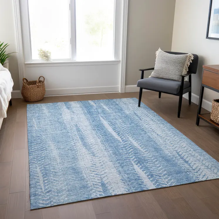 8' X 10' Sky Blue And Denim Blue Botanical Leaves Washable Indoor Outdoor Area Rug
