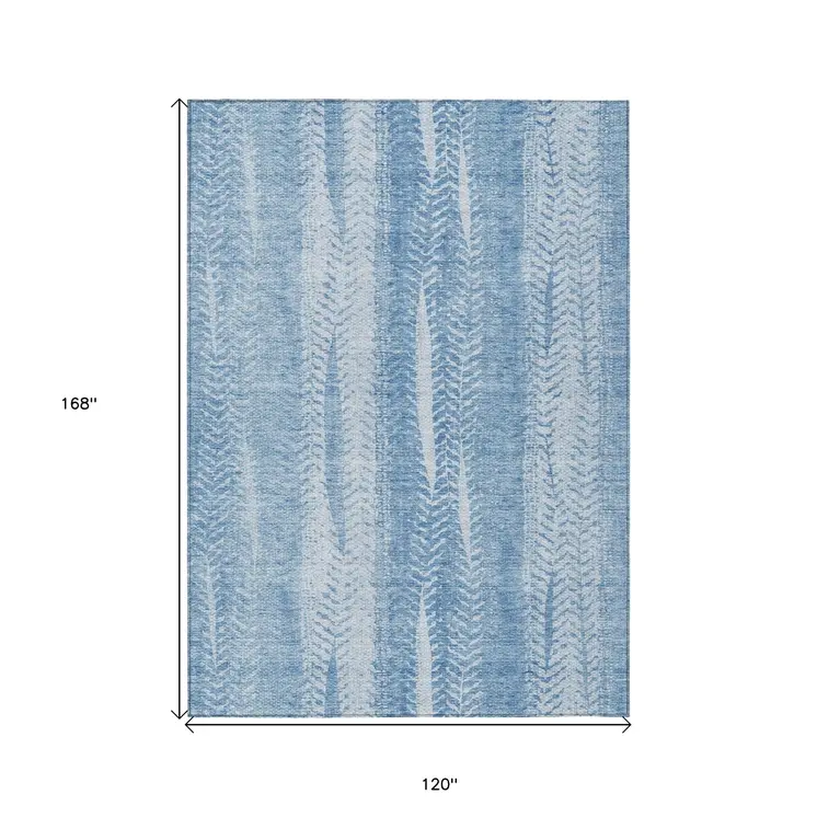 10' X 14' Sky Blue And Denim Blue Botanical Leaves Washable Indoor Outdoor Area Rug