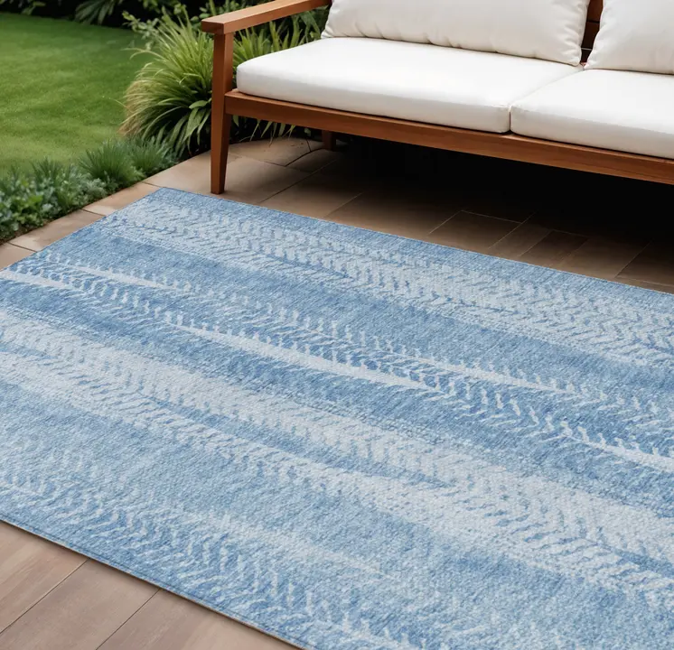 10' X 14' Sky Blue And Denim Blue Botanical Leaves Washable Indoor Outdoor Area Rug
