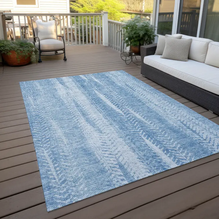 10' X 14' Sky Blue And Denim Blue Botanical Leaves Washable Indoor Outdoor Area Rug