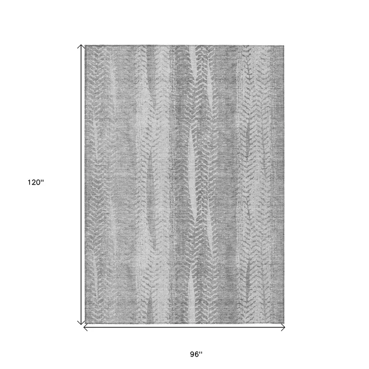 8' X 10' Silver Gray And Graphite Botanical Leaves Washable Indoor Outdoor Area Rug