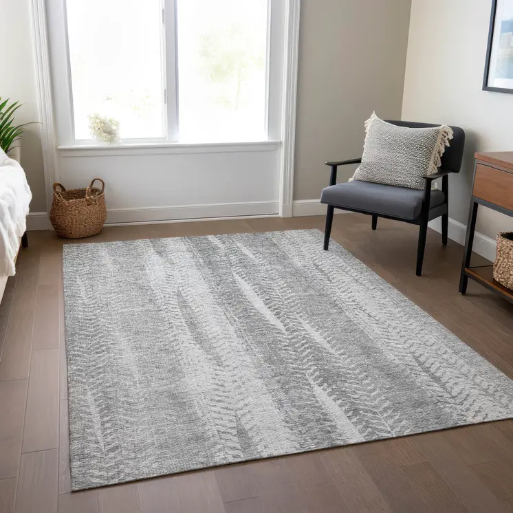 8' X 10' Silver Gray And Graphite Botanical Leaves Washable Indoor Outdoor Area Rug