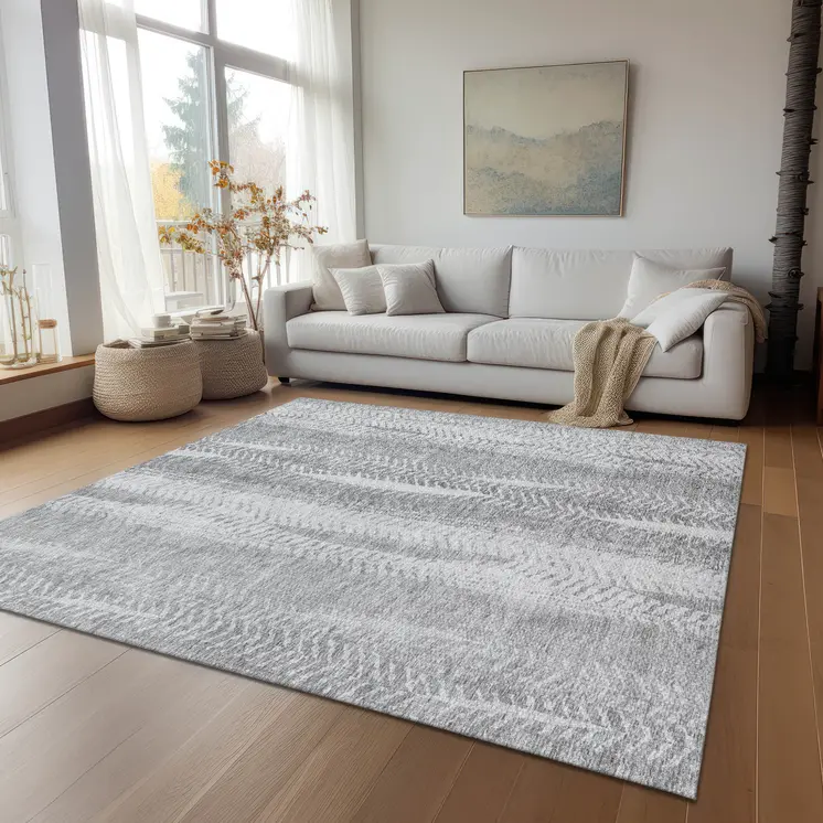 9' X 12' Silver Gray And Graphite Botanical Leaves Washable Indoor Outdoor Area Rug