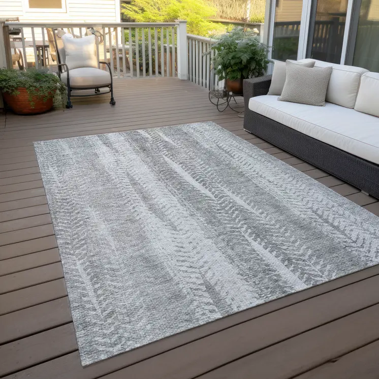 10' X 14' Silver Gray And Graphite Botanical Leaves Washable Indoor Outdoor Area Rug