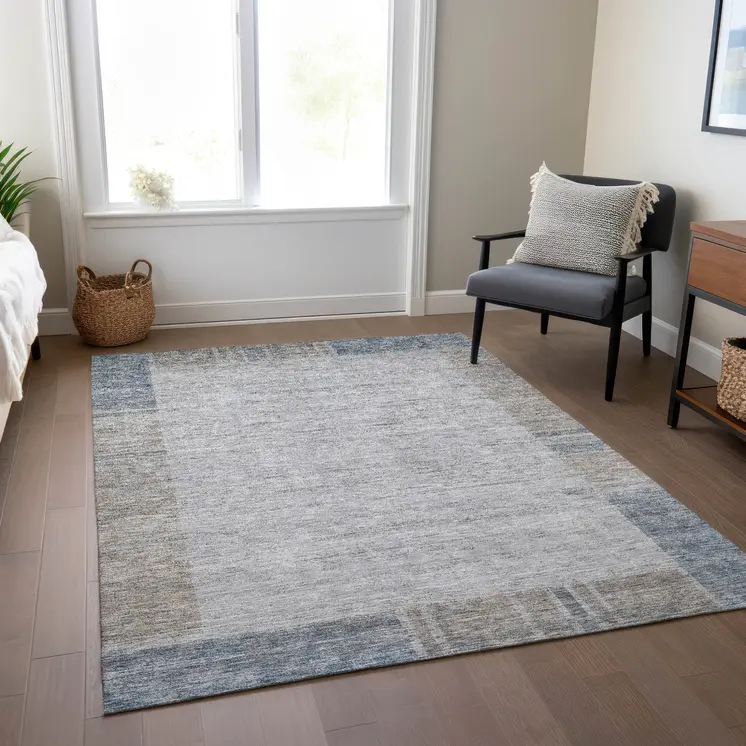 3' X 5' Taupe Beige And Blue Geometric Washable Indoor Outdoor Area Rug