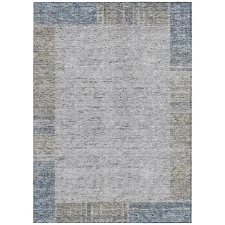 8' X 10' Taupe Beige And Blue Geometric Washable Indoor Outdoor Area Rug