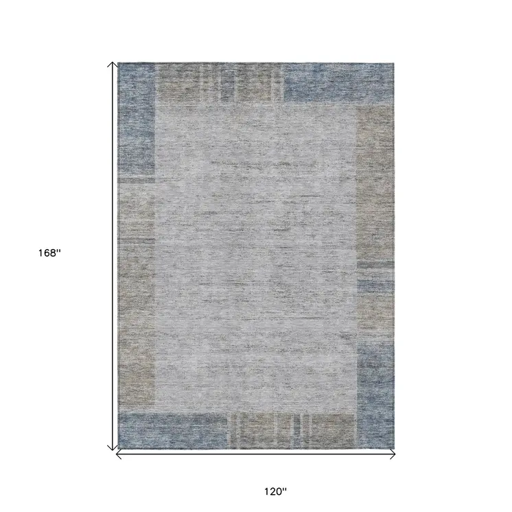 10' X 14' Taupe Beige And Blue Geometric Washable Indoor Outdoor Area Rug