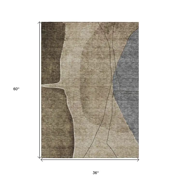3' X 5' Brown Taupe And Beige Abstract Washable Indoor Outdoor Area Rug