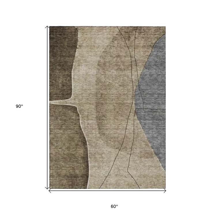 5' X 8' Brown Taupe And Beige Abstract Washable Indoor Outdoor Area Rug