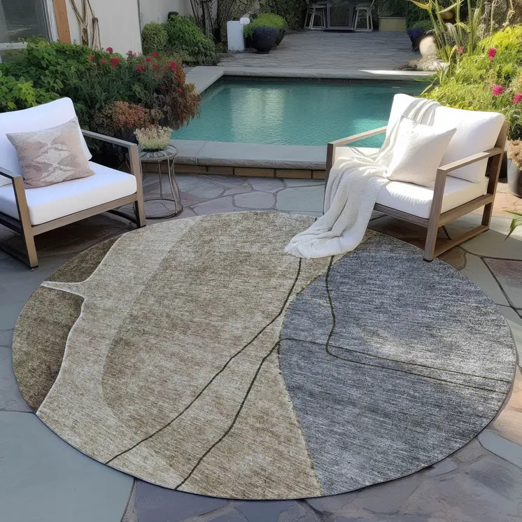8' Brown Taupe And Beige Round Abstract Washable Indoor Outdoor Area Rug