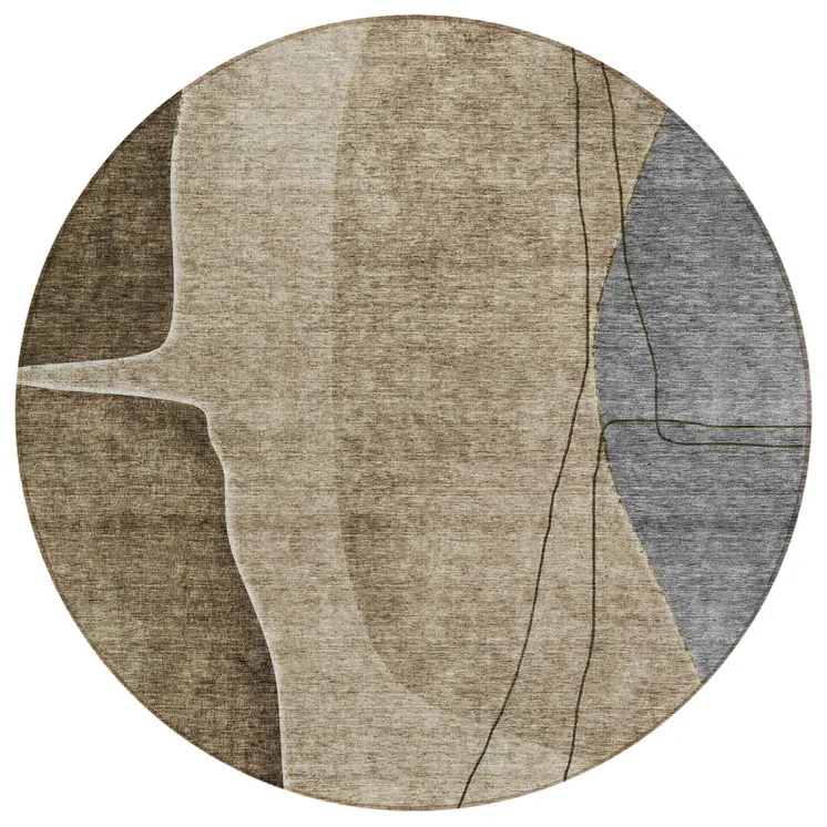 8' Brown Taupe And Beige Round Abstract Washable Indoor Outdoor Area Rug