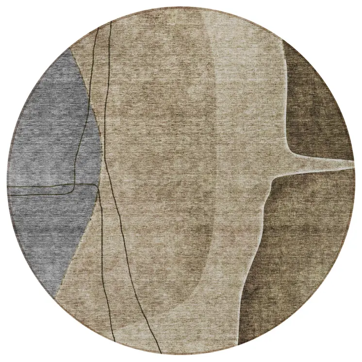 8' Brown Taupe And Beige Round Abstract Washable Indoor Outdoor Area Rug