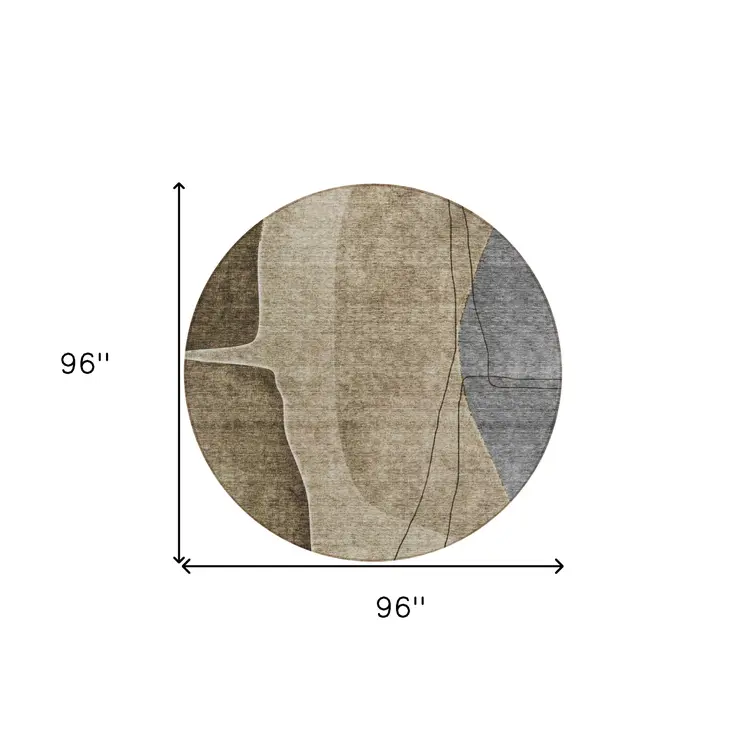 8' Brown Taupe And Beige Round Abstract Washable Indoor Outdoor Area Rug