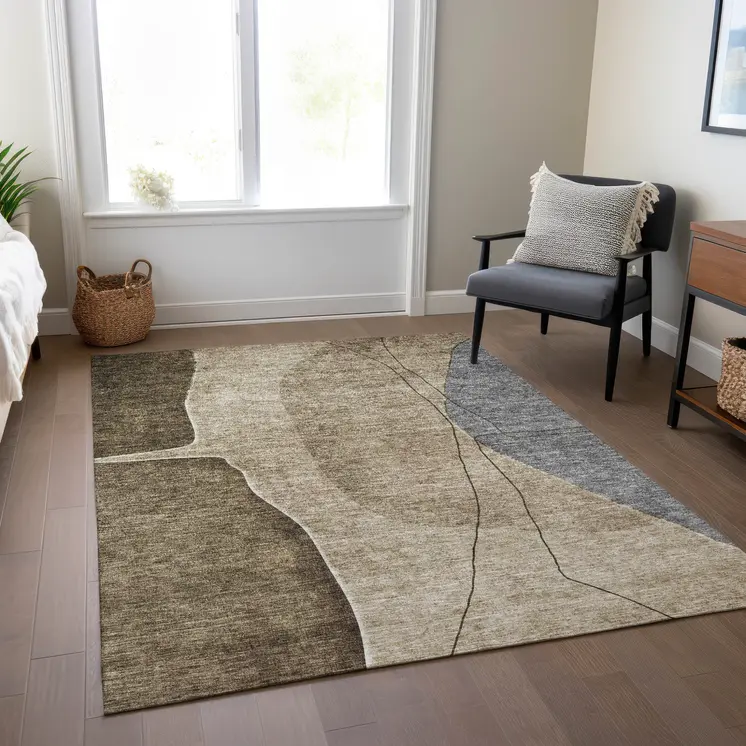 9' X 12' Brown Taupe And Beige Abstract Washable Indoor Outdoor Area Rug