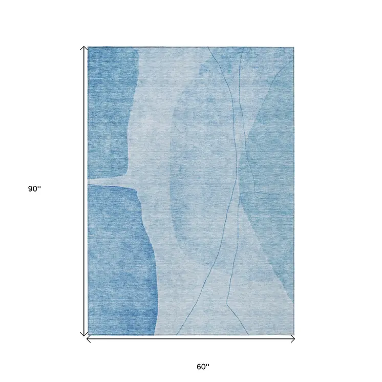 5' X 8' Denim Blue And Sky Blue Abstract Washable Indoor Outdoor Area Rug
