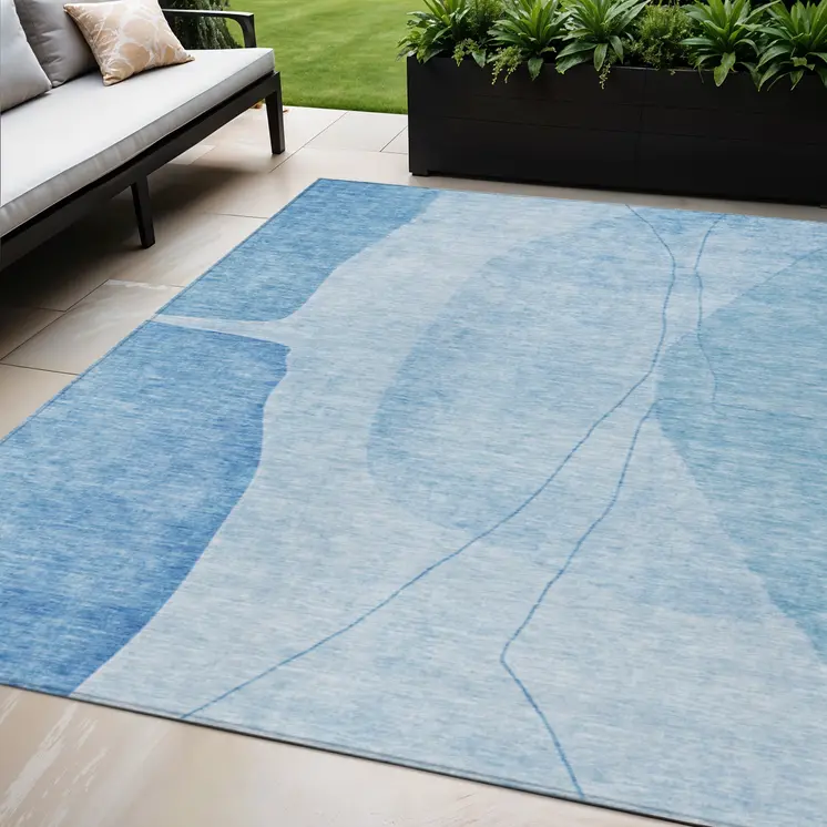 5' X 8' Denim Blue And Sky Blue Abstract Washable Indoor Outdoor Area Rug