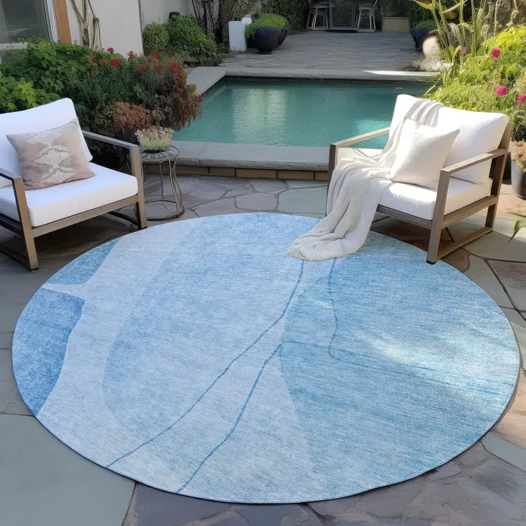 8' Denim Blue And Sky Blue Round Abstract Washable Indoor Outdoor Area Rug
