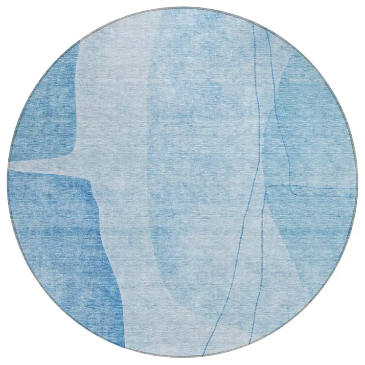 8' Denim Blue And Sky Blue Round Abstract Washable Indoor Outdoor Area Rug