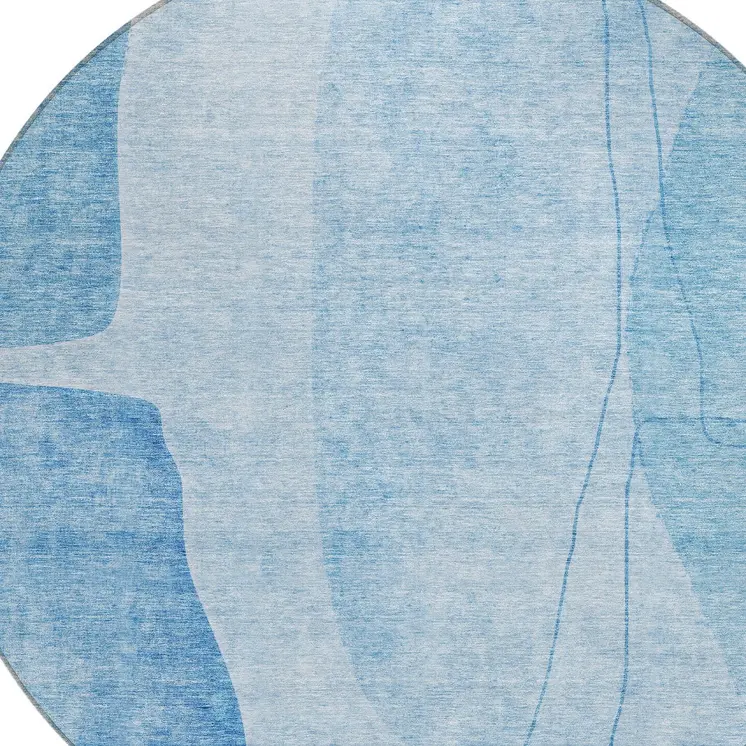 8' Denim Blue And Sky Blue Round Abstract Washable Indoor Outdoor Area Rug