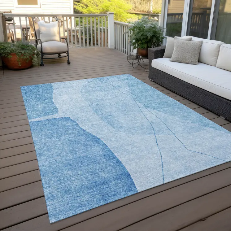 8' X 10' Denim Blue And Sky Blue Abstract Washable Indoor Outdoor Area Rug