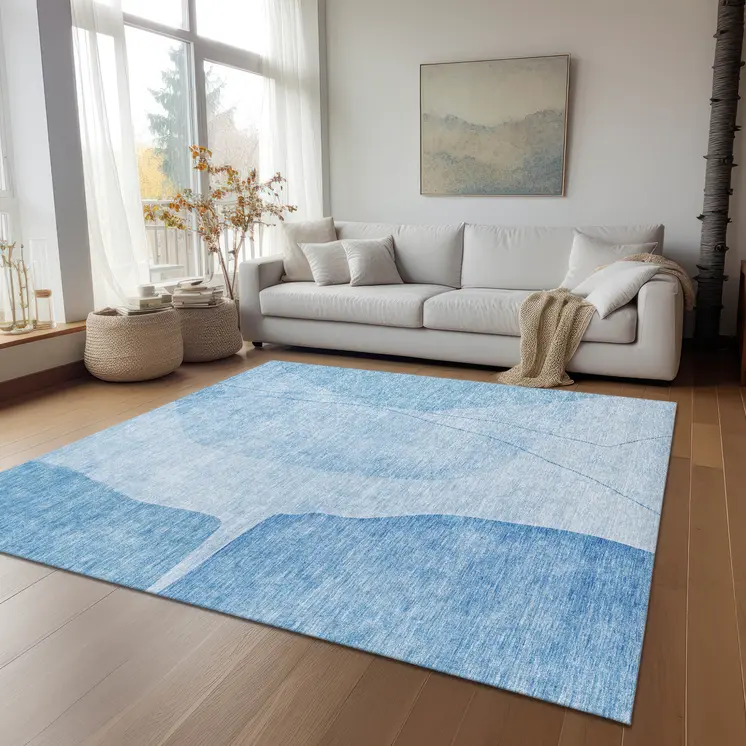 8' X 10' Denim Blue And Sky Blue Abstract Washable Indoor Outdoor Area Rug