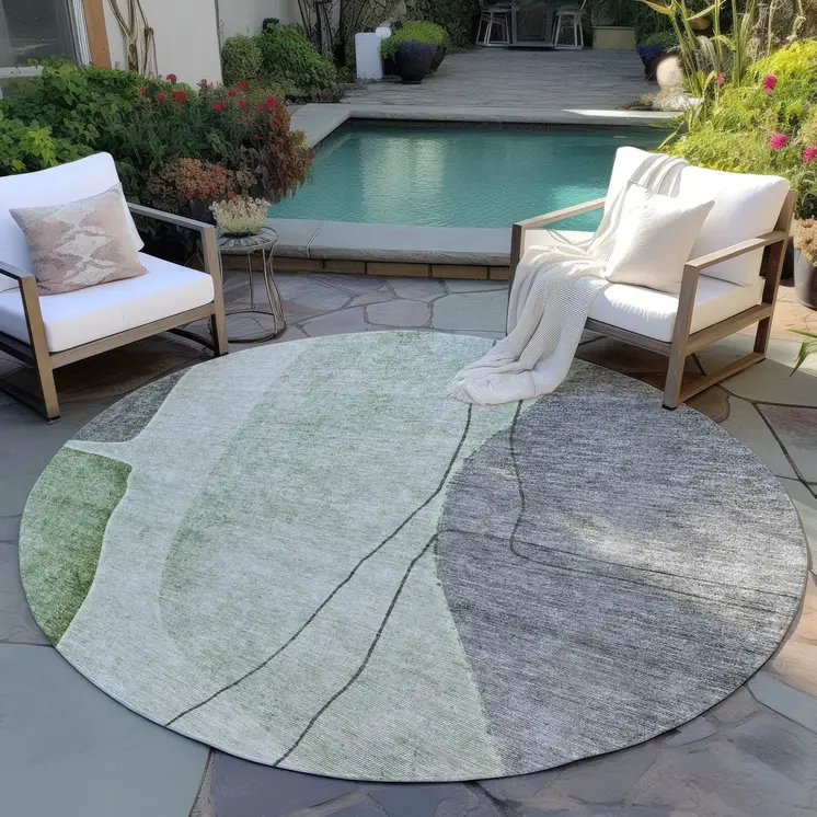8' Olive Green And Gray Round Abstract Washable Indoor Outdoor Area Rug