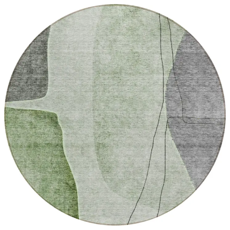 8' Olive Green And Gray Round Abstract Washable Indoor Outdoor Area Rug