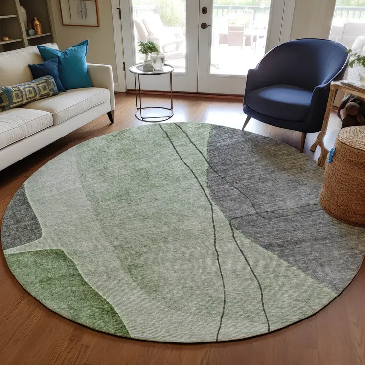 8' Olive Green And Gray Round Abstract Washable Indoor Outdoor Area Rug
