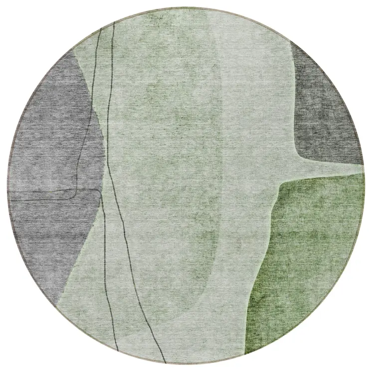 8' Olive Green And Gray Round Abstract Washable Indoor Outdoor Area Rug