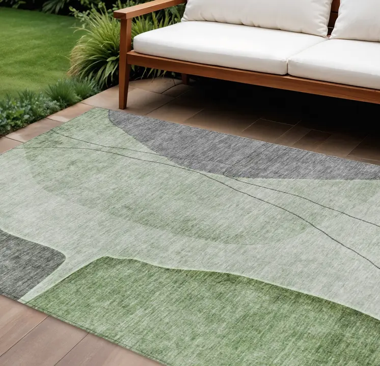 9' X 12' Olive Green And Gray Abstract Washable Indoor Outdoor Area Rug