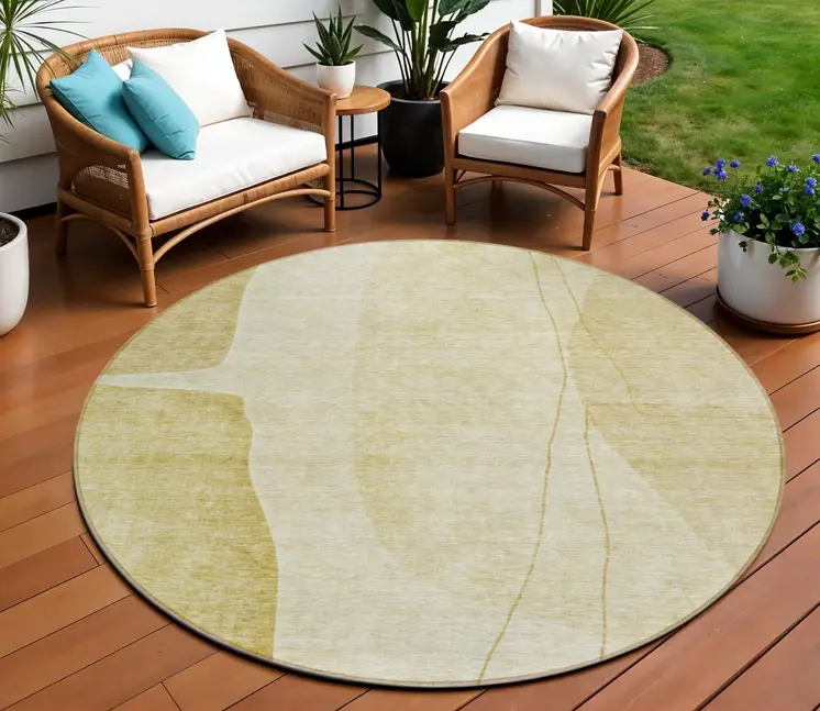 8' Gold Wheat And Beige Round Abstract Washable Indoor Outdoor Area Rug