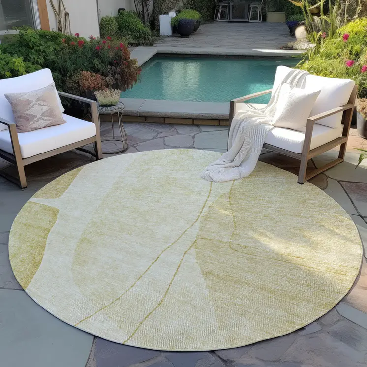 8' Gold Wheat And Beige Round Abstract Washable Indoor Outdoor Area Rug