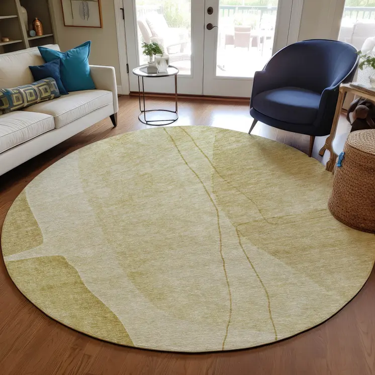 8' Gold Wheat And Beige Round Abstract Washable Indoor Outdoor Area Rug