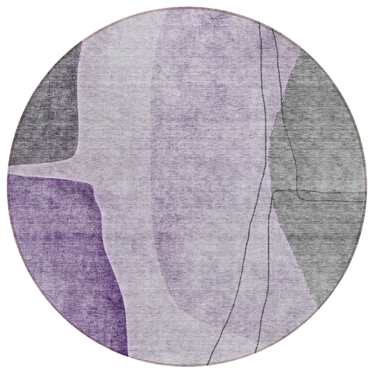 8' Purple Eggplant And Gray Round Abstract Washable Indoor Outdoor Area Rug