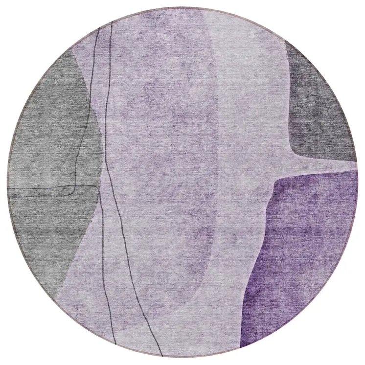 8' Purple Eggplant And Gray Round Abstract Washable Indoor Outdoor Area Rug