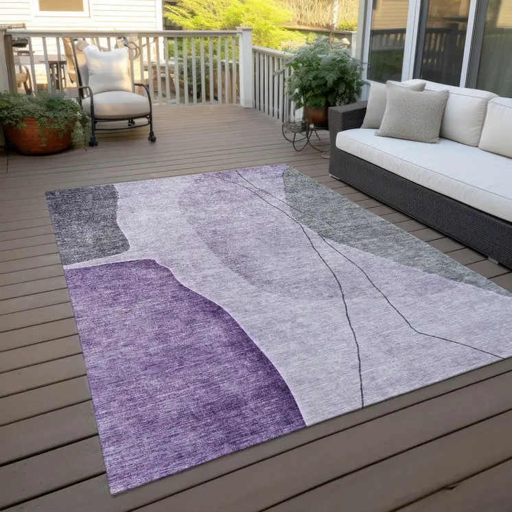 10' X 14' Purple Eggplant And Gray Abstract Washable Indoor Outdoor Area Rug