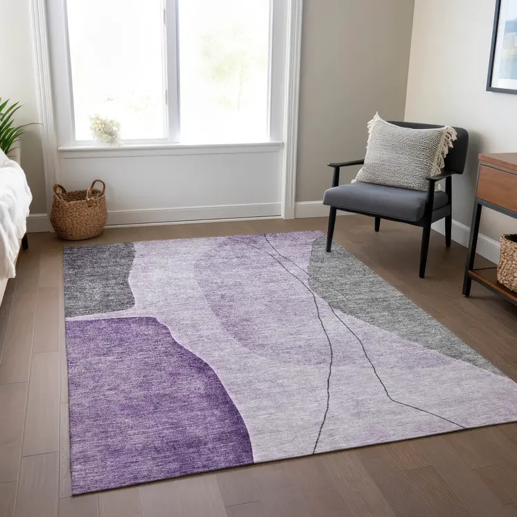 10' X 14' Purple Eggplant And Gray Abstract Washable Indoor Outdoor Area Rug