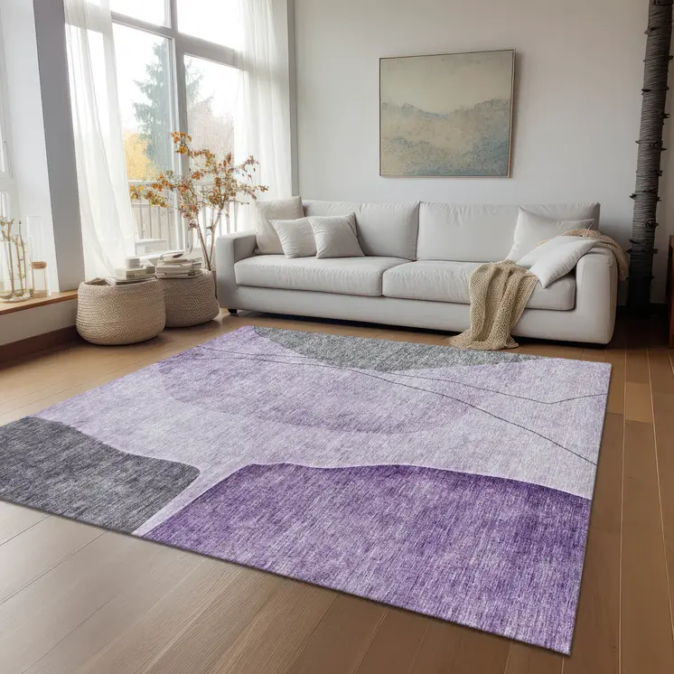 10' X 14' Purple Eggplant And Gray Abstract Washable Indoor Outdoor Area Rug